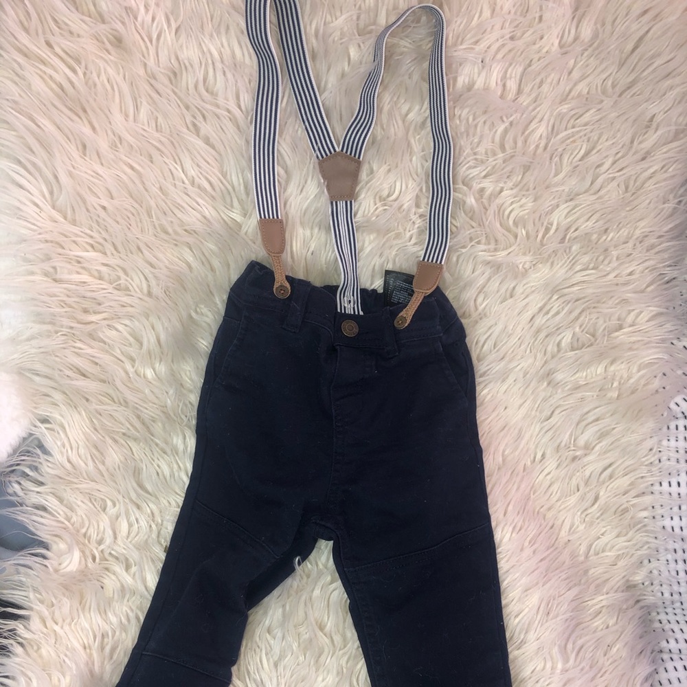 Navy blue pants with suspenders